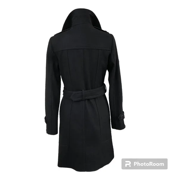 Kenneth Cole New York Black Wool Blend Zip Up Waist Tie Coat Jacket Women’s