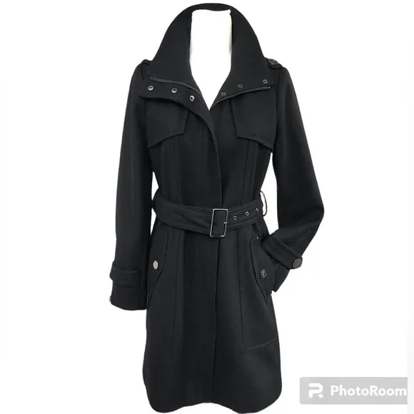 Kenneth Cole New York Black Wool Blend Zip Up Waist Tie Coat Jacket Women’s