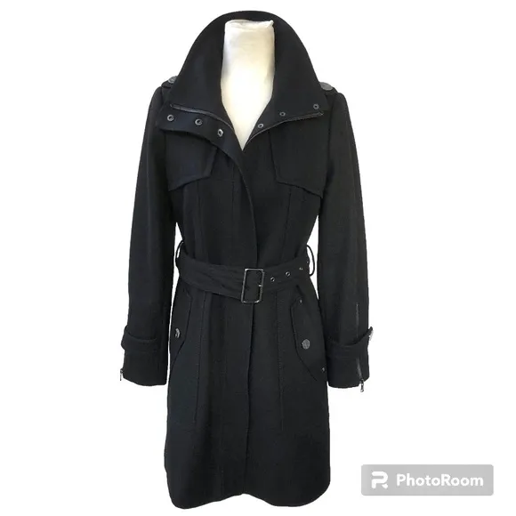 Kenneth Cole New York Black Wool Blend Zip Up Waist Tie Coat Jacket Women’s