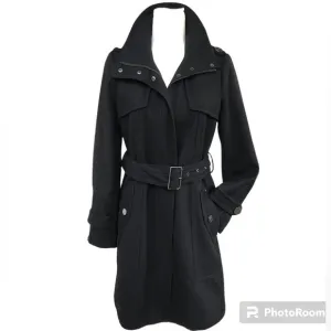 Kenneth Cole New York Black Wool Blend Zip Up Waist Tie Coat Jacket Women’s