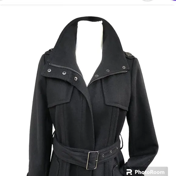 Kenneth Cole New York Black Wool Blend Zip Up Waist Tie Coat Jacket Women’s