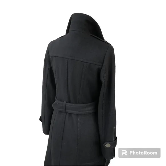 Kenneth Cole New York Black Wool Blend Zip Up Waist Tie Coat Jacket Women’s