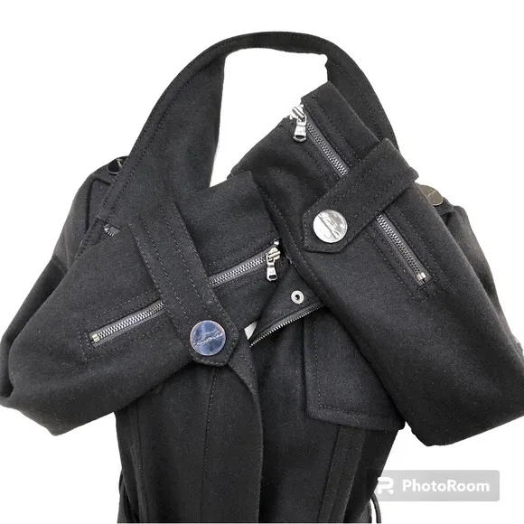 Kenneth Cole New York Black Wool Blend Zip Up Waist Tie Coat Jacket Women’s
