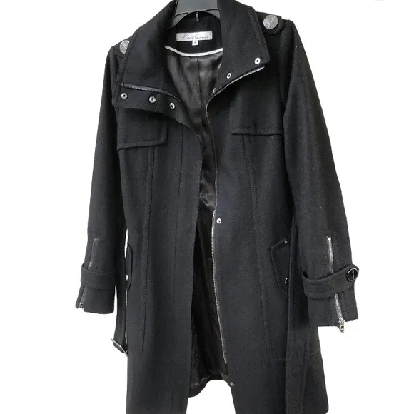 Kenneth Cole New York Black Wool Blend Zip Up Waist Tie Coat Jacket Women’s