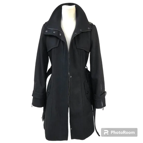 Kenneth Cole New York Black Wool Blend Zip Up Waist Tie Coat Jacket Women’s