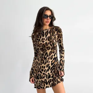 Kestrel Long Sleeve Open Back Leopard Print Mini Dress