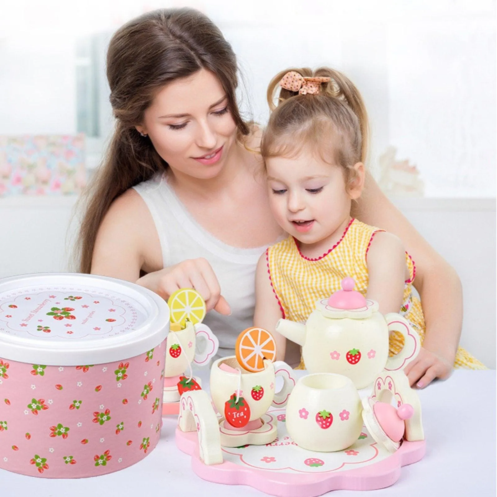 Kids Chunky Wooden Strawberry Themed Tea Party For Two: Pretend Play Toys Tea Set For Ages 3 