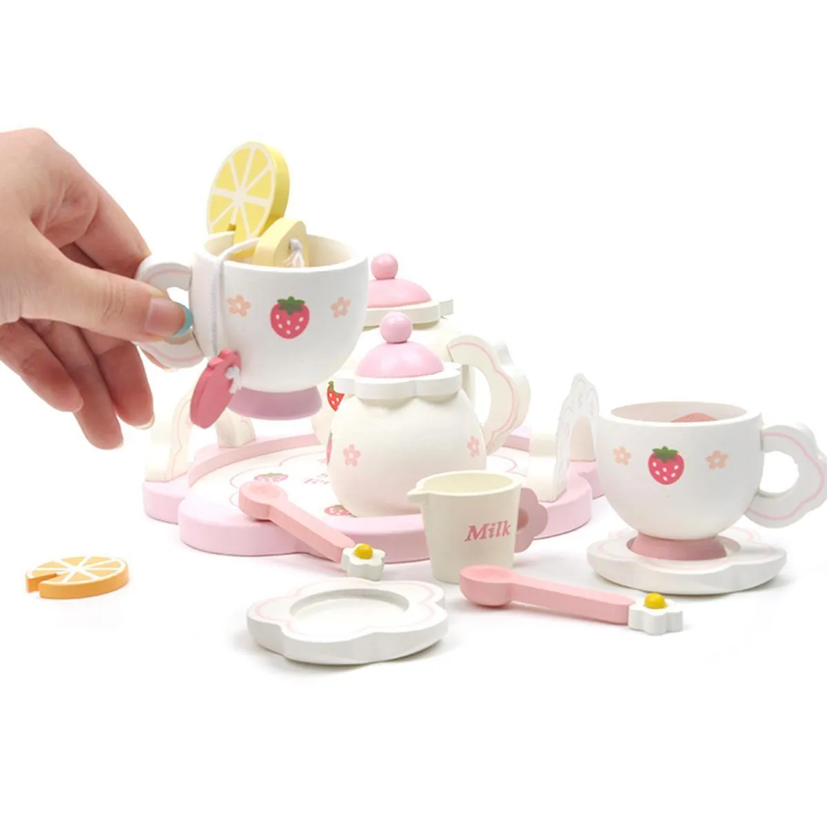 Kids Chunky Wooden Strawberry Themed Tea Party For Two: Pretend Play Toys Tea Set For Ages 3 