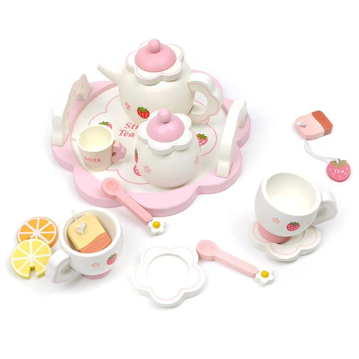 Kids Chunky Wooden Strawberry Themed Tea Party For Two: Pretend Play Toys Tea Set For Ages 3 
