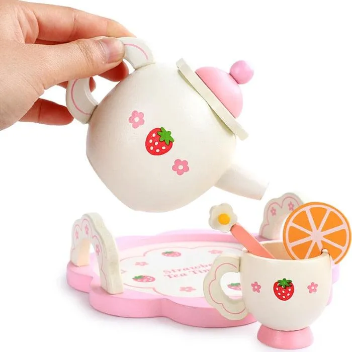 Kids Chunky Wooden Strawberry Themed Tea Party For Two: Pretend Play Toys Tea Set For Ages 3 