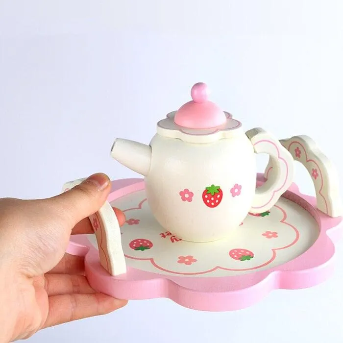 Kids Chunky Wooden Strawberry Themed Tea Party For Two: Pretend Play Toys Tea Set For Ages 3 