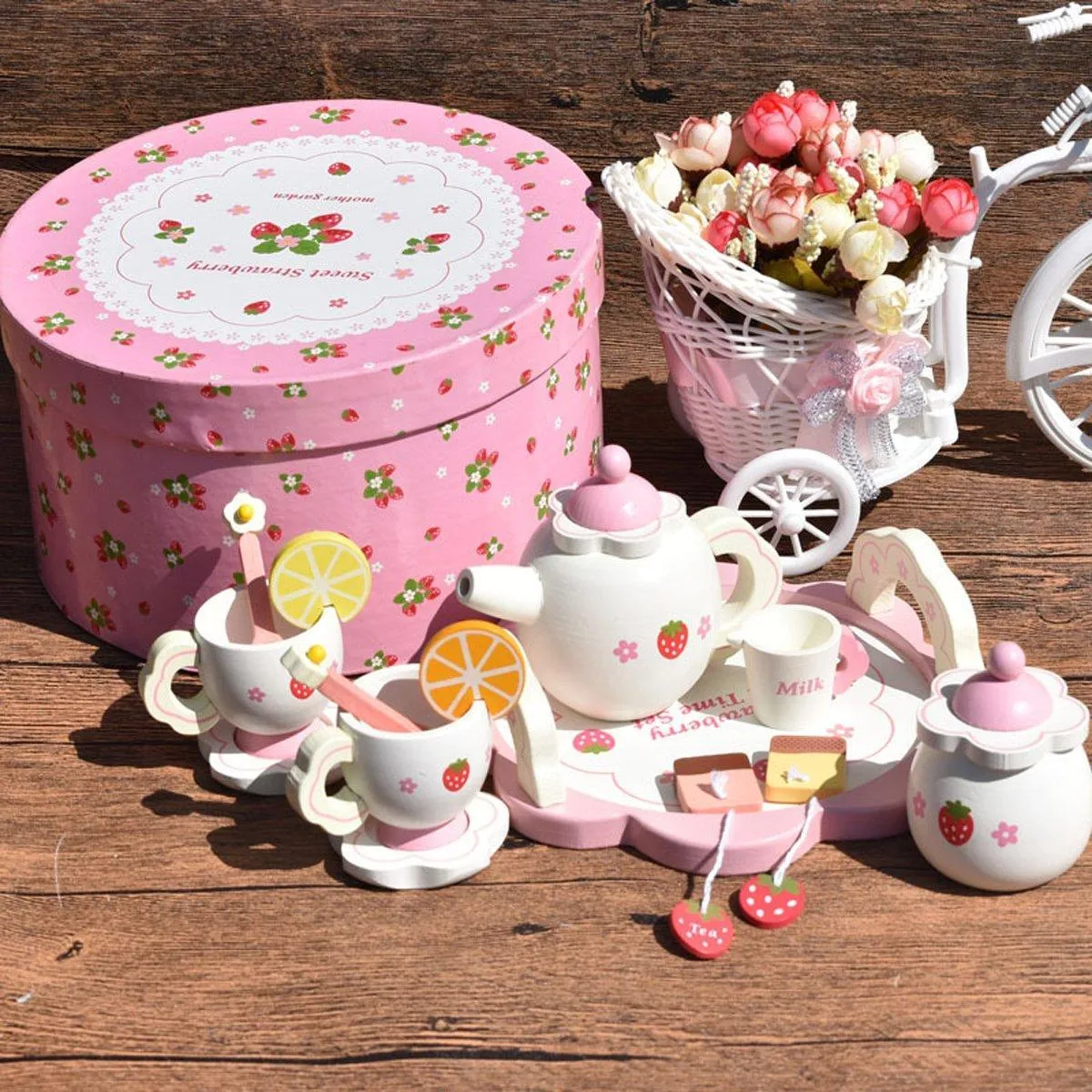 Kids Chunky Wooden Strawberry Themed Tea Party For Two: Pretend Play Toys Tea Set For Ages 3 