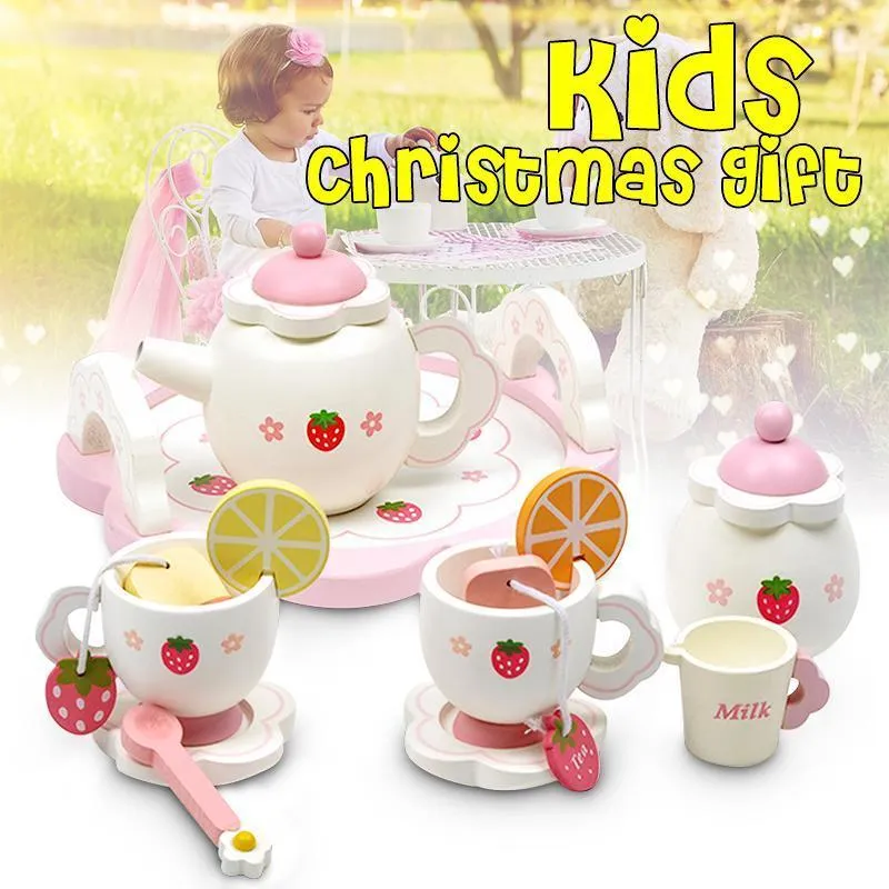 Kids Chunky Wooden Strawberry Themed Tea Party For Two: Pretend Play Toys Tea Set For Ages 3 