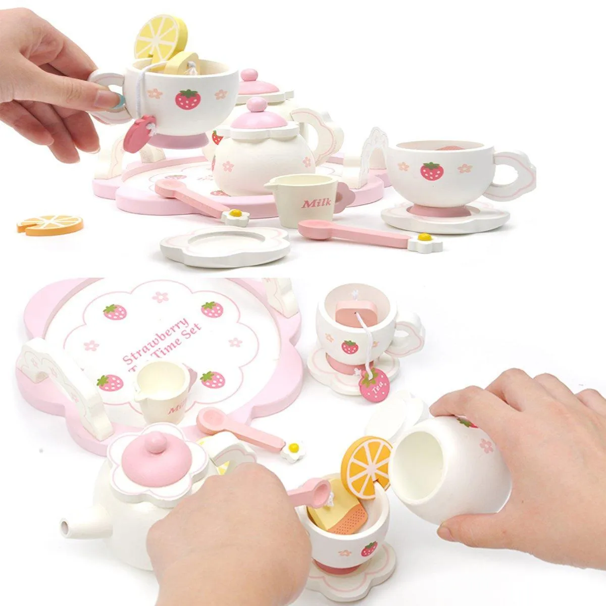 Kids Chunky Wooden Strawberry Themed Tea Party For Two: Pretend Play Toys Tea Set For Ages 3 
