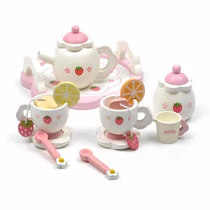 Kids Chunky Wooden Strawberry Themed Tea Party For Two: Pretend Play Toys Tea Set For Ages 3 