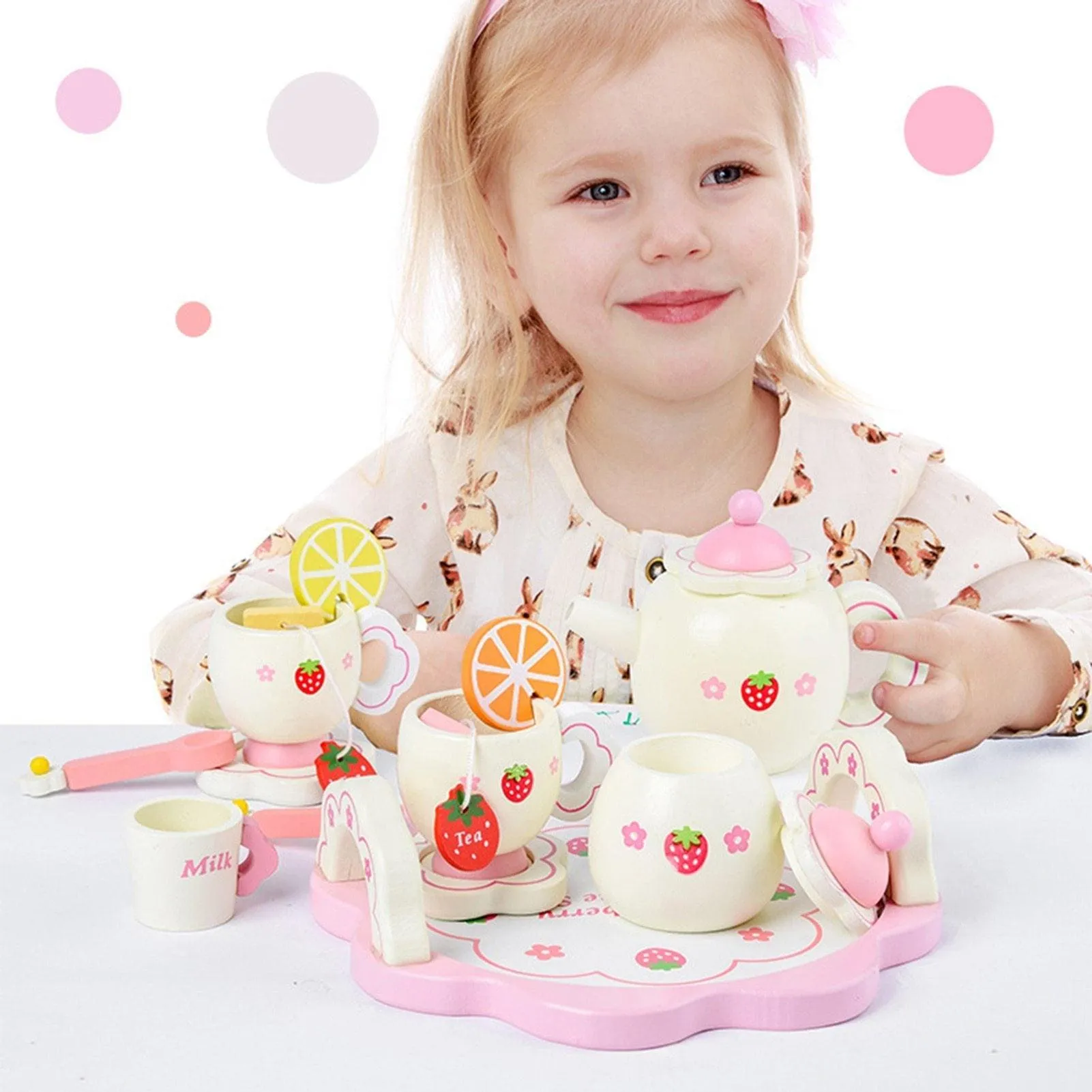 Kids Chunky Wooden Strawberry Themed Tea Party For Two: Pretend Play Toys Tea Set For Ages 3 