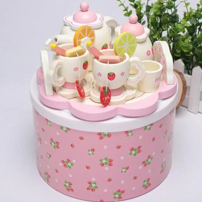 Kids Chunky Wooden Strawberry Themed Tea Party For Two: Pretend Play Toys Tea Set For Ages 3 