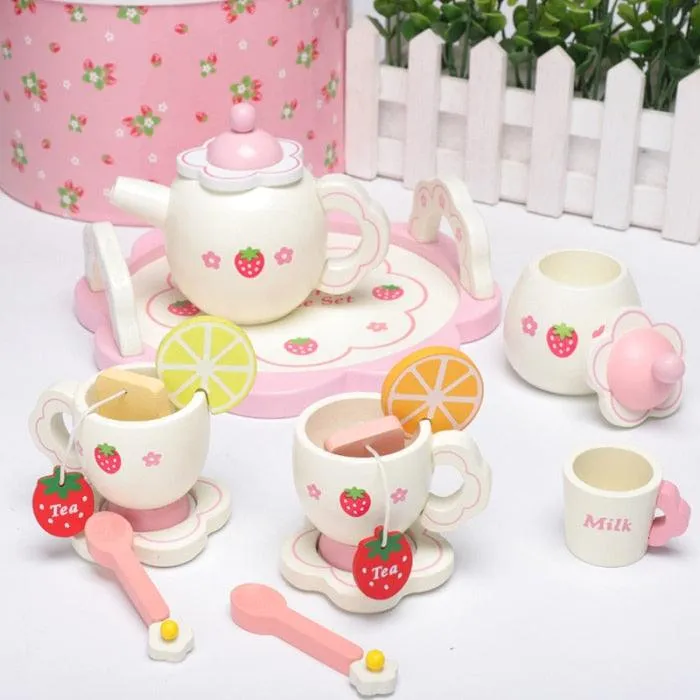 Kids Chunky Wooden Strawberry Themed Tea Party For Two: Pretend Play Toys Tea Set For Ages 3 