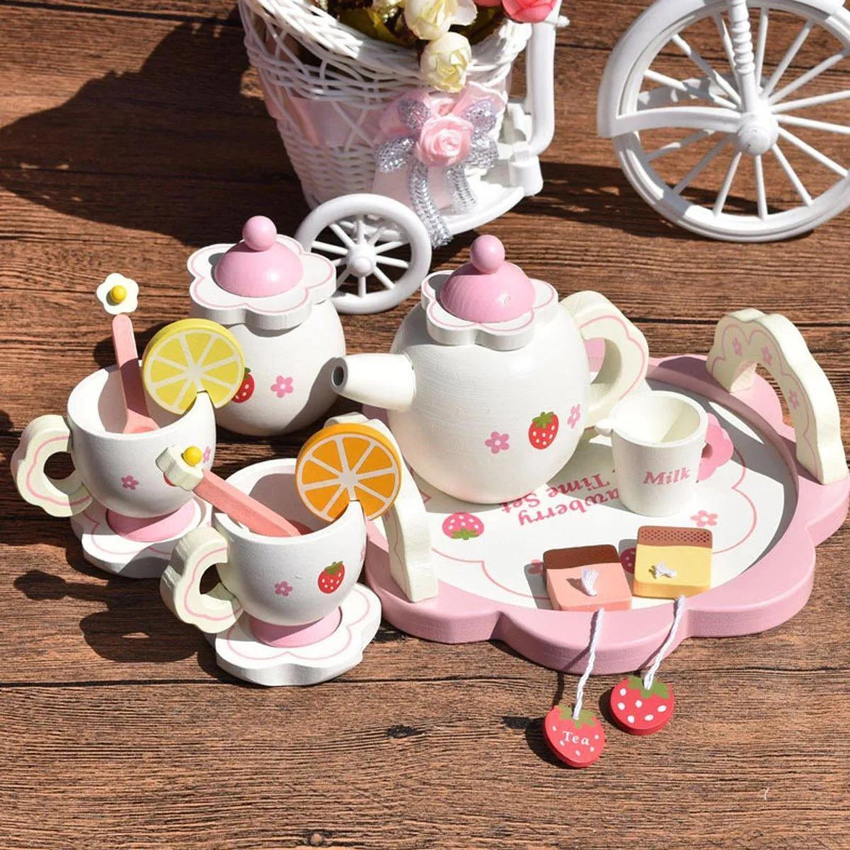 Kids Chunky Wooden Strawberry Themed Tea Party For Two: Pretend Play Toys Tea Set For Ages 3 