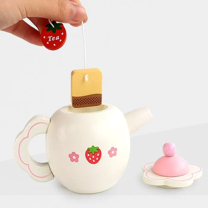 Kids Chunky Wooden Strawberry Themed Tea Party For Two: Pretend Play Toys Tea Set For Ages 3 