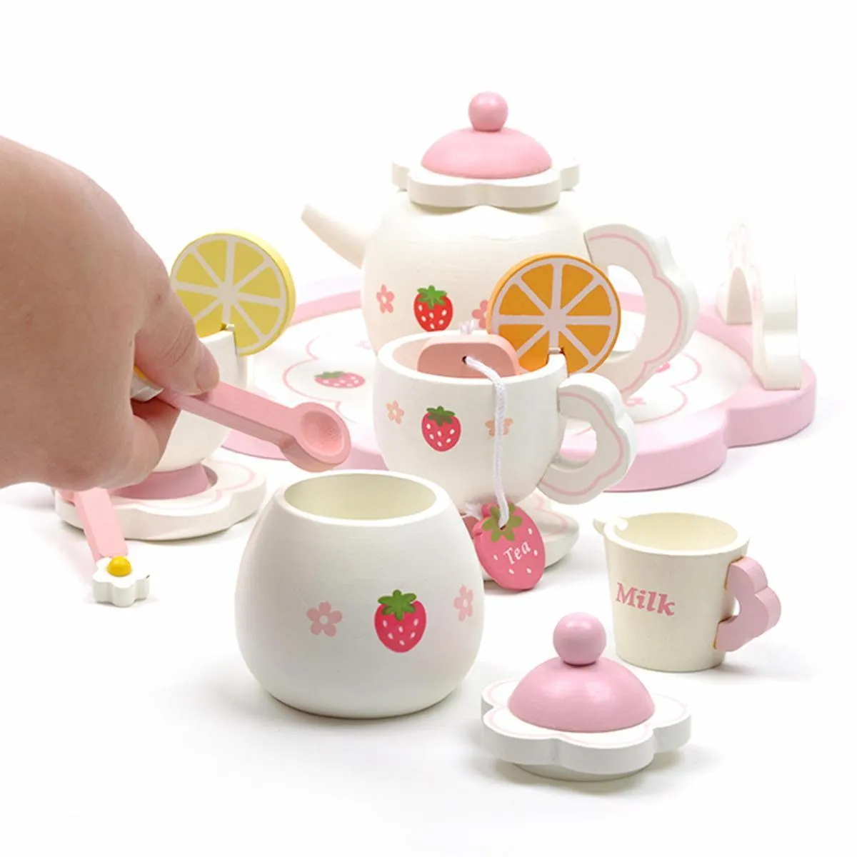 Kids Chunky Wooden Strawberry Themed Tea Party For Two: Pretend Play Toys Tea Set For Ages 3 