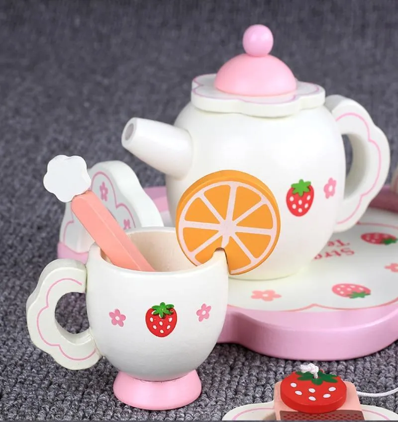 Kids Chunky Wooden Strawberry Themed Tea Party For Two: Pretend Play Toys Tea Set For Ages 3 