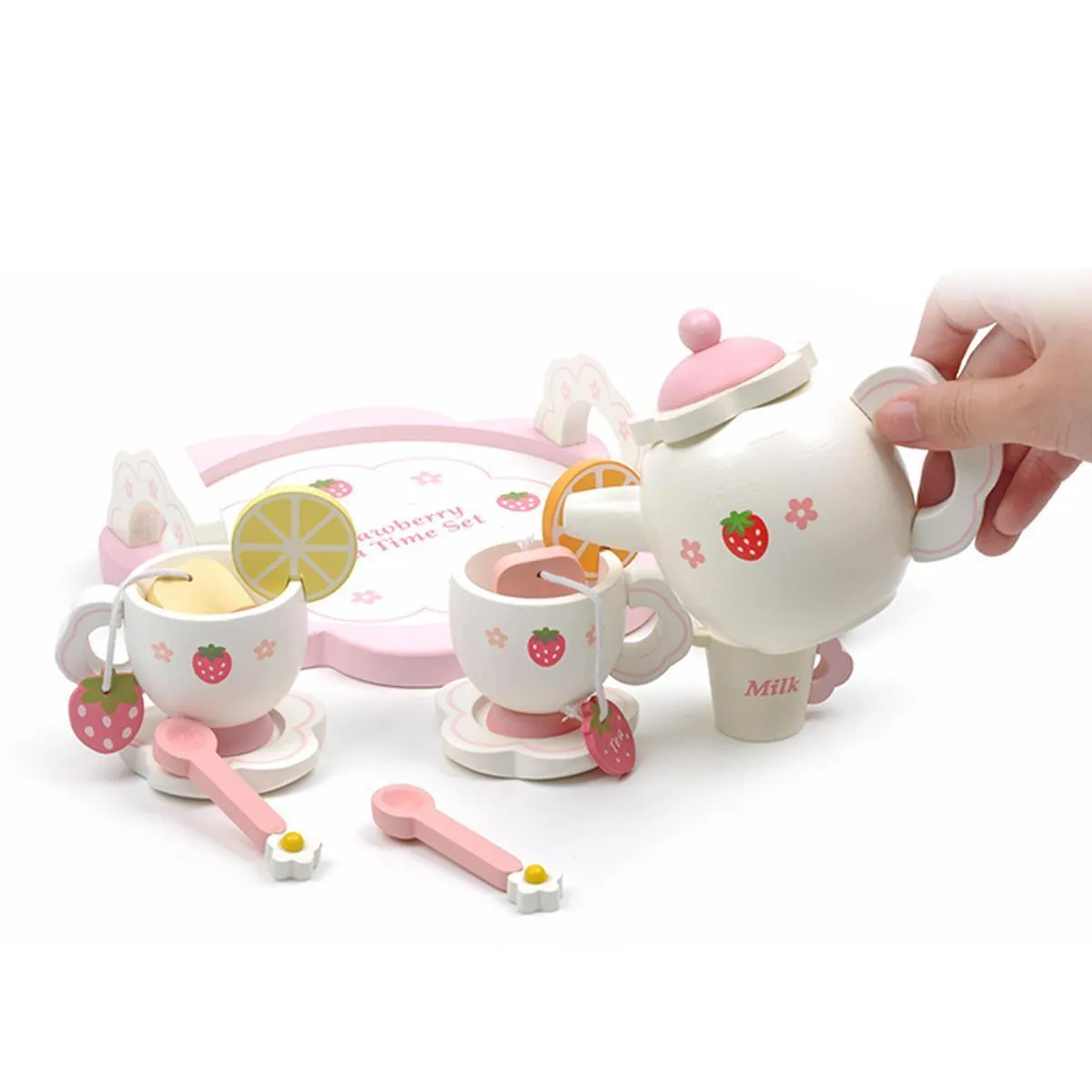 Kids Chunky Wooden Strawberry Themed Tea Party For Two: Pretend Play Toys Tea Set For Ages 3 