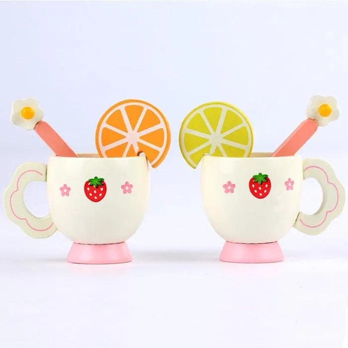 Kids Chunky Wooden Strawberry Themed Tea Party For Two: Pretend Play Toys Tea Set For Ages 3 