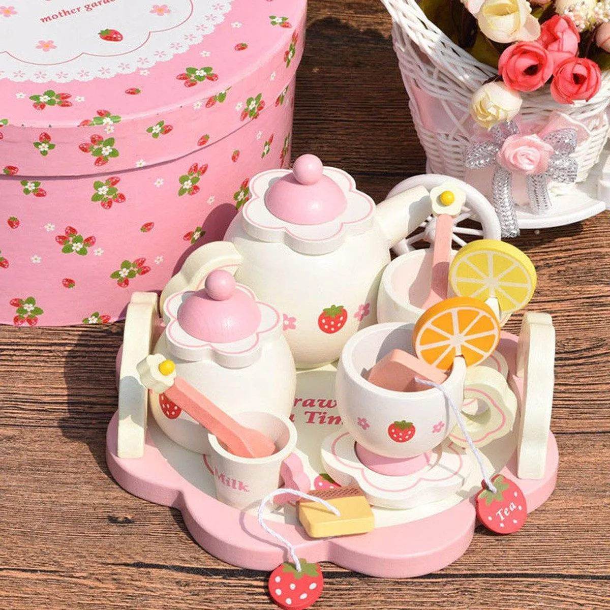 Kids Chunky Wooden Strawberry Themed Tea Party For Two: Pretend Play Toys Tea Set For Ages 3 