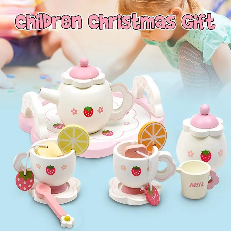 Kids Chunky Wooden Strawberry Themed Tea Party For Two: Pretend Play Toys Tea Set For Ages 3 
