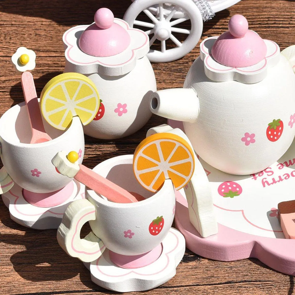 Kids Chunky Wooden Strawberry Themed Tea Party For Two: Pretend Play Toys Tea Set For Ages 3 