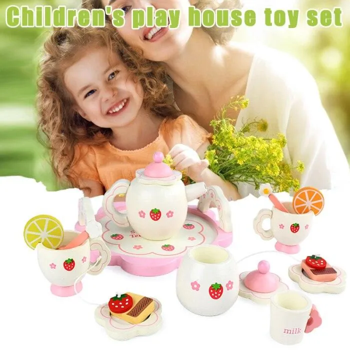 Kids Chunky Wooden Strawberry Themed Tea Party For Two: Pretend Play Toys Tea Set For Ages 3 