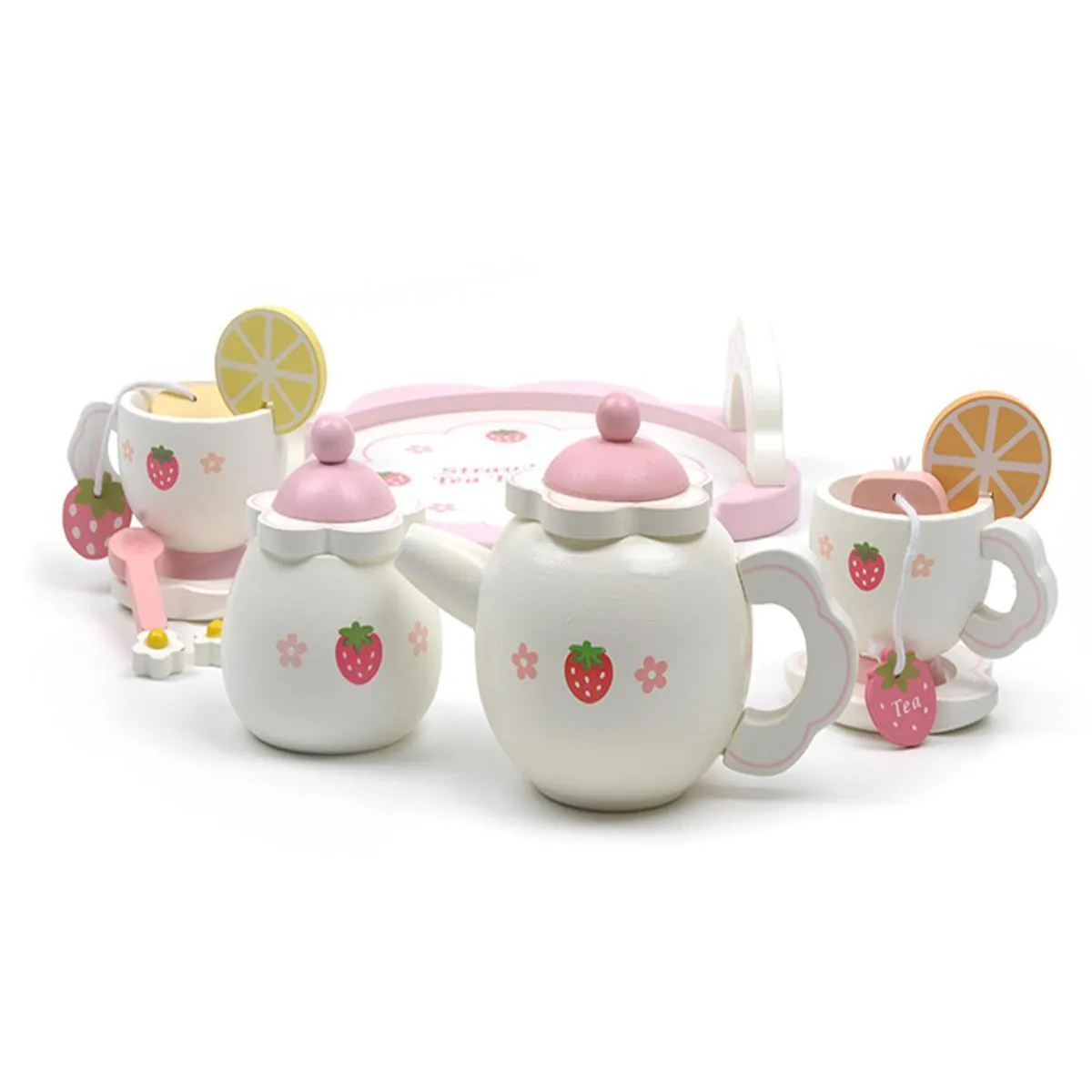 Kids Chunky Wooden Strawberry Themed Tea Party For Two: Pretend Play Toys Tea Set For Ages 3 