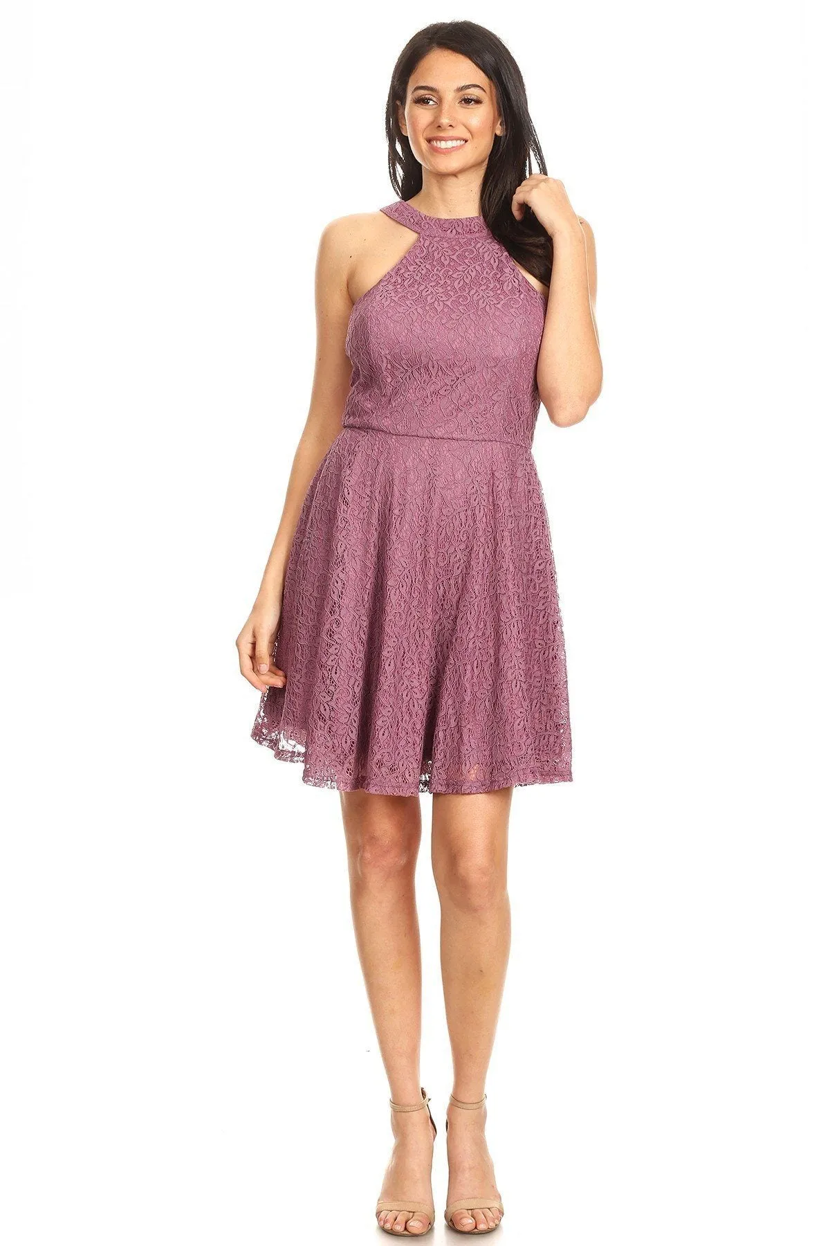 Lace Sleeveless Dress With Halter Neckline And Back Zipper Closure
