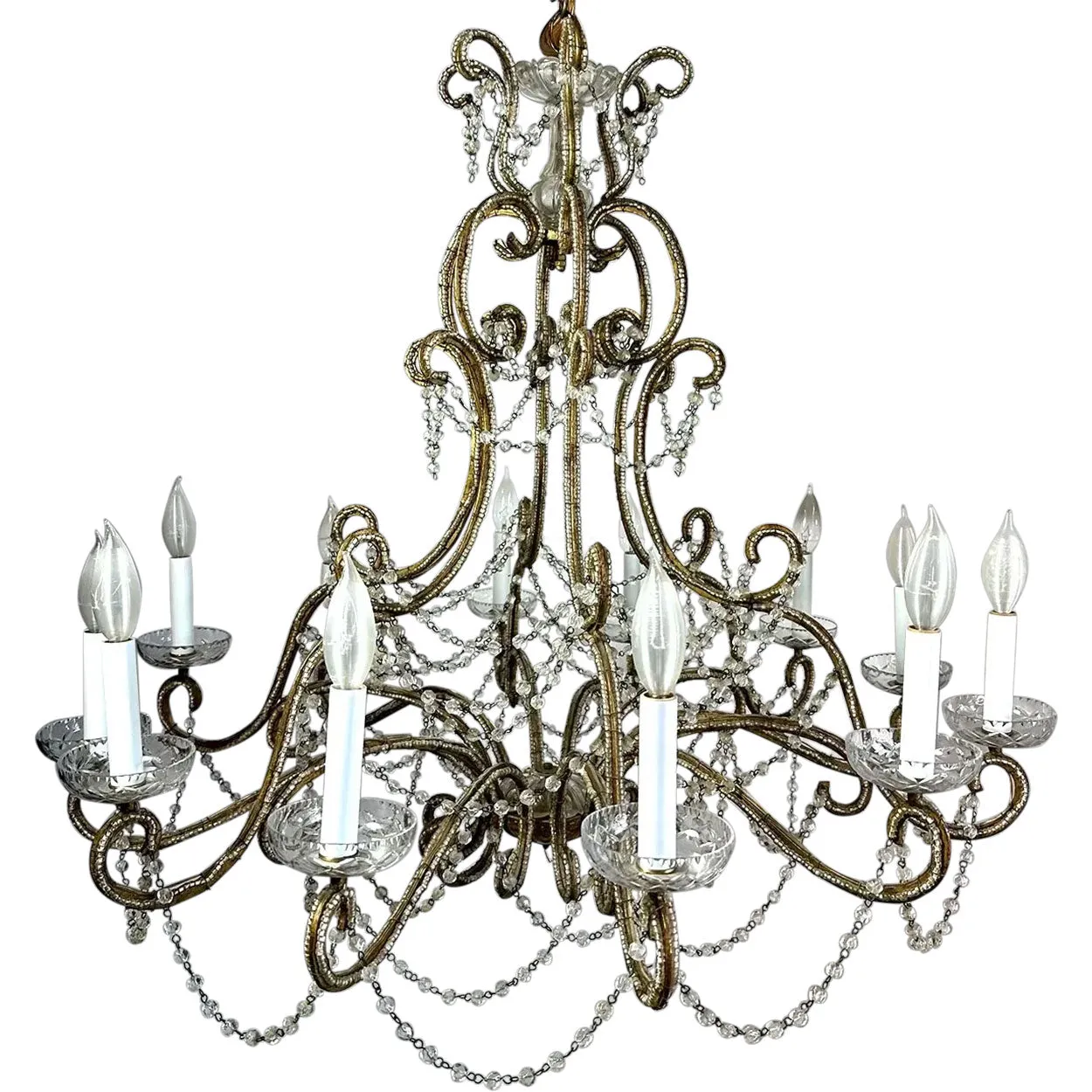Large European Gilt Wrought Iron Beaded Crystal Birdcage 12-Light Chandelier