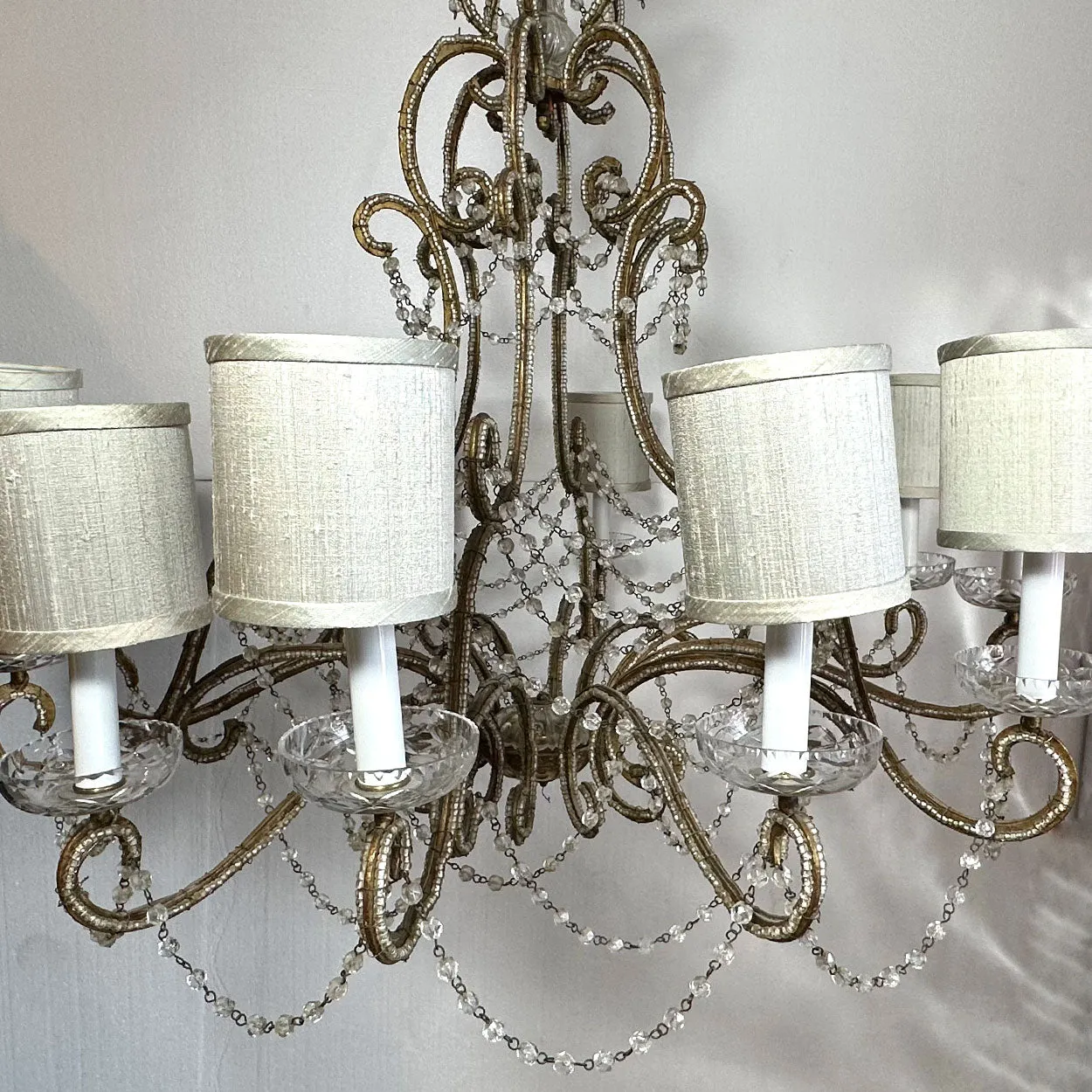 Large European Gilt Wrought Iron Beaded Crystal Birdcage 12-Light Chandelier