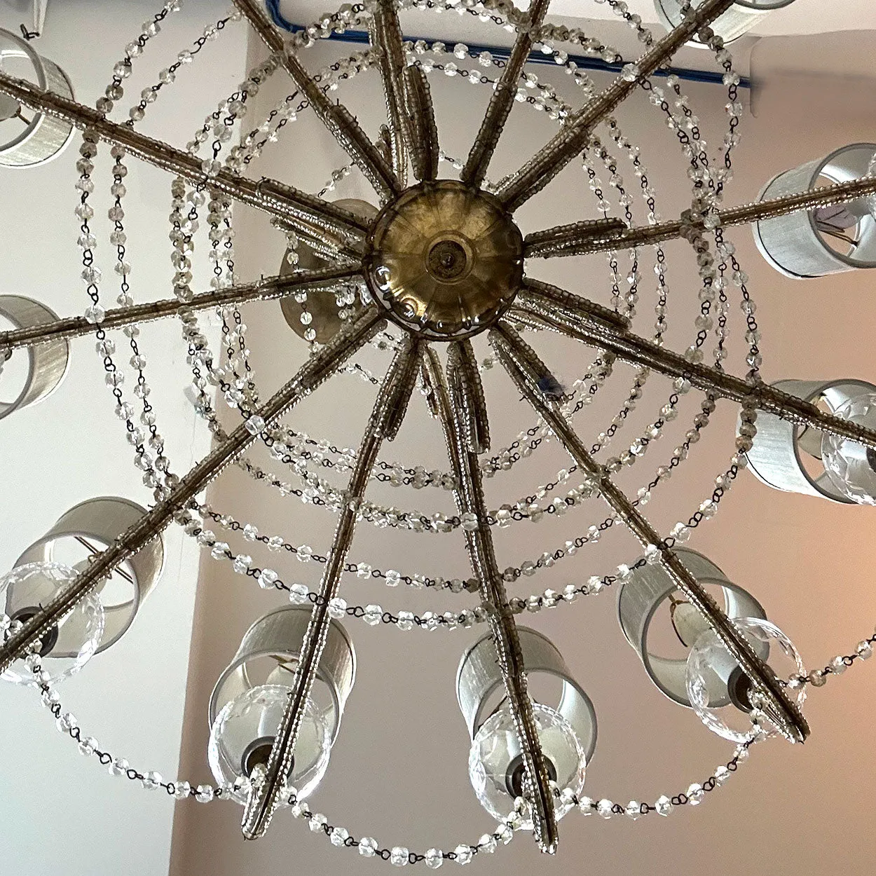 Large European Gilt Wrought Iron Beaded Crystal Birdcage 12-Light Chandelier