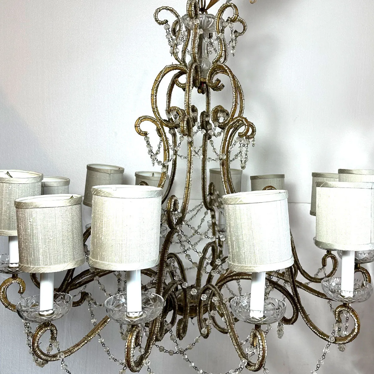 Large European Gilt Wrought Iron Beaded Crystal Birdcage 12-Light Chandelier
