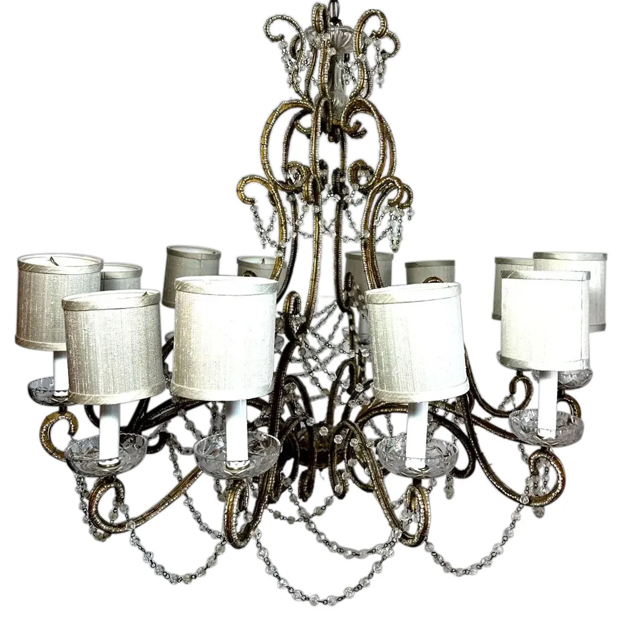 Large European Gilt Wrought Iron Beaded Crystal Birdcage 12-Light Chandelier