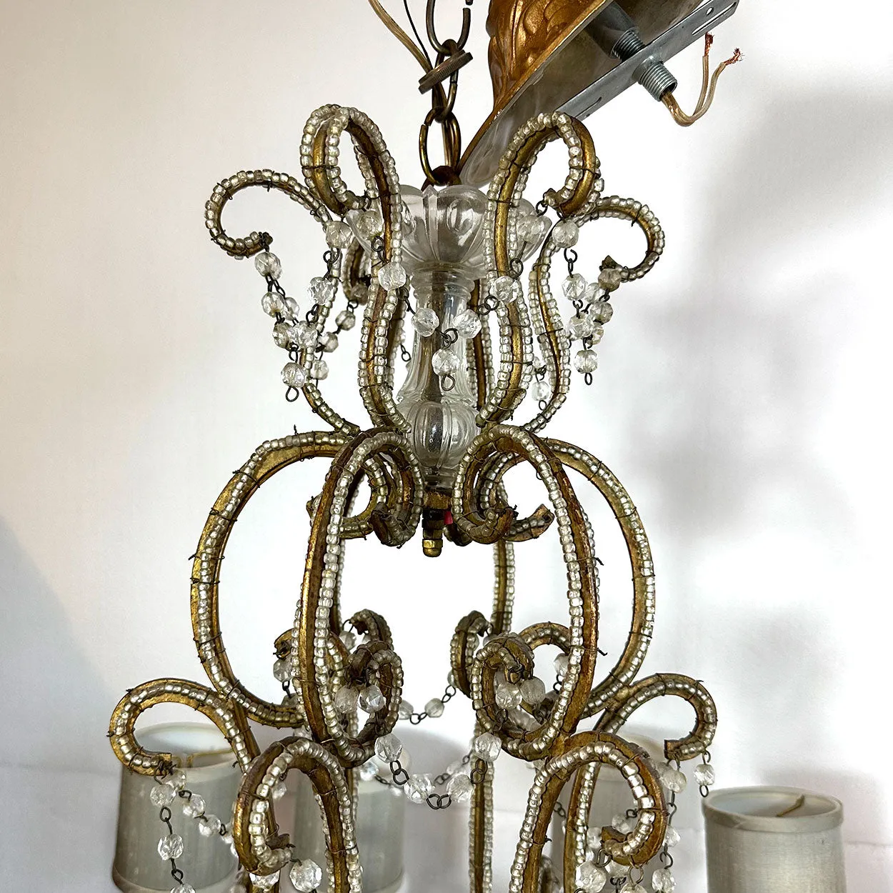 Large European Gilt Wrought Iron Beaded Crystal Birdcage 12-Light Chandelier