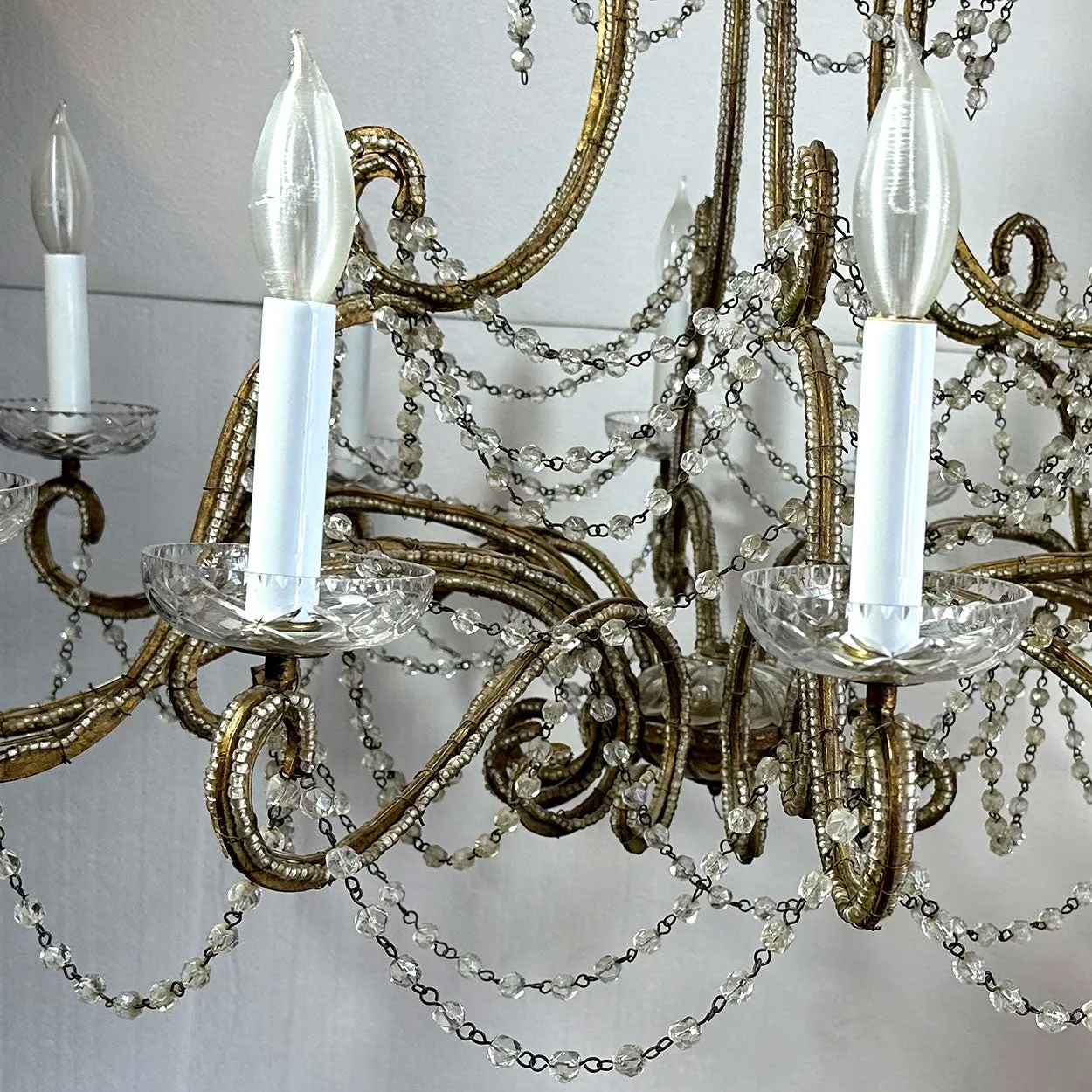 Large European Gilt Wrought Iron Beaded Crystal Birdcage 12-Light Chandelier