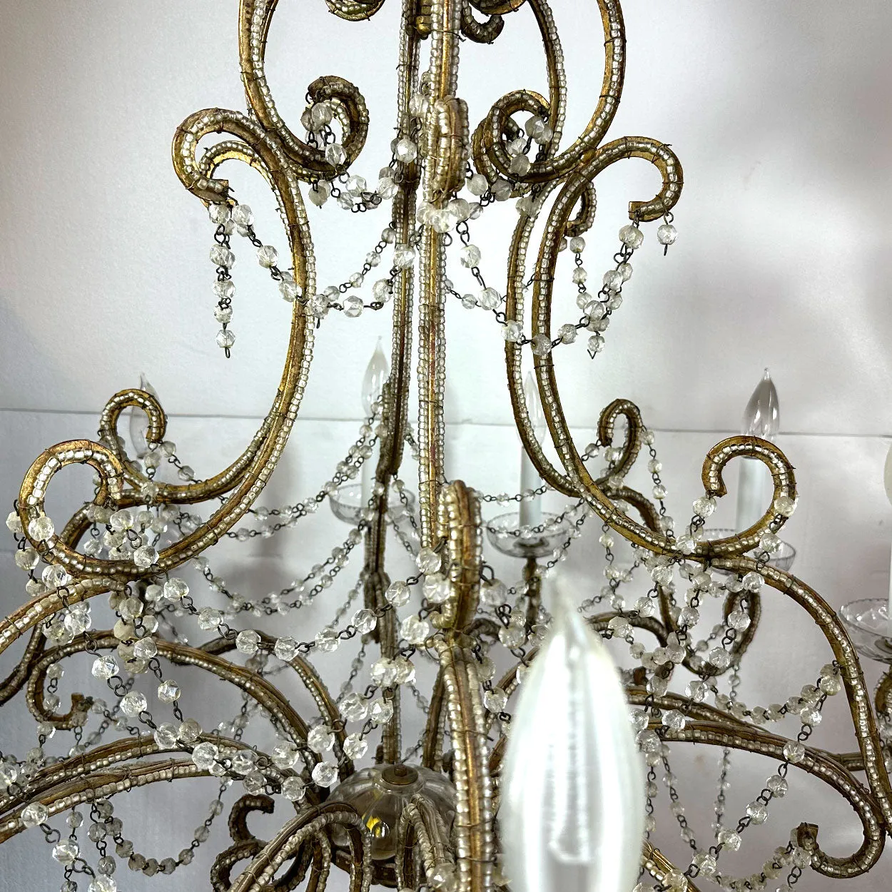 Large European Gilt Wrought Iron Beaded Crystal Birdcage 12-Light Chandelier