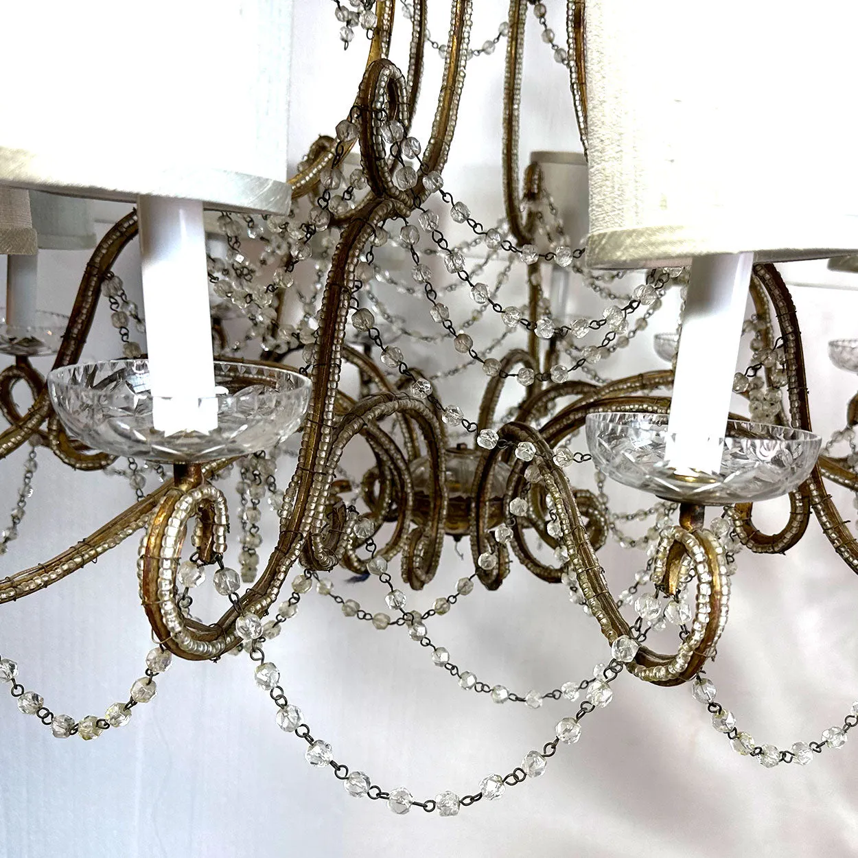 Large European Gilt Wrought Iron Beaded Crystal Birdcage 12-Light Chandelier