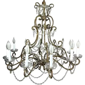 Large European Gilt Wrought Iron Beaded Crystal Birdcage 12-Light Chandelier