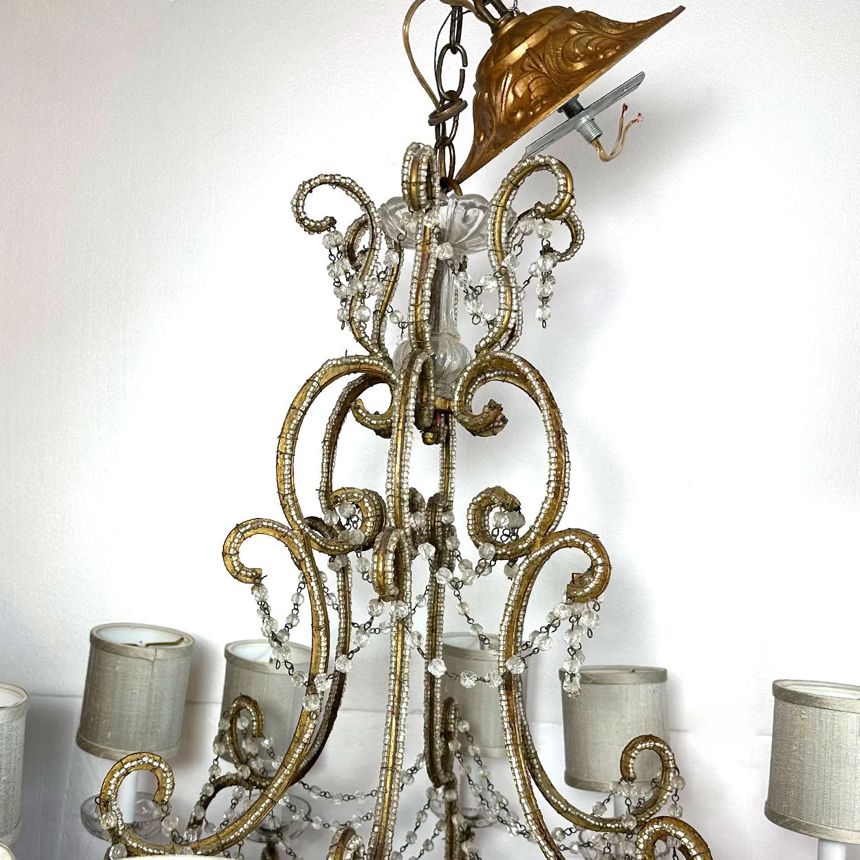 Large European Gilt Wrought Iron Beaded Crystal Birdcage 12-Light Chandelier