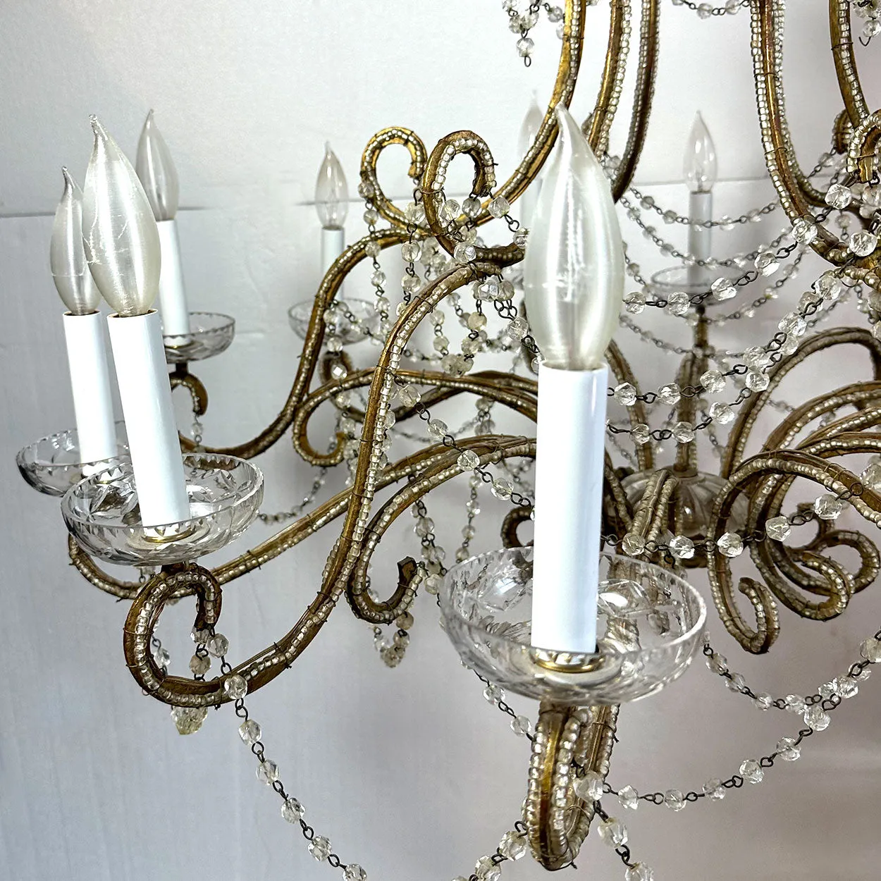 Large European Gilt Wrought Iron Beaded Crystal Birdcage 12-Light Chandelier
