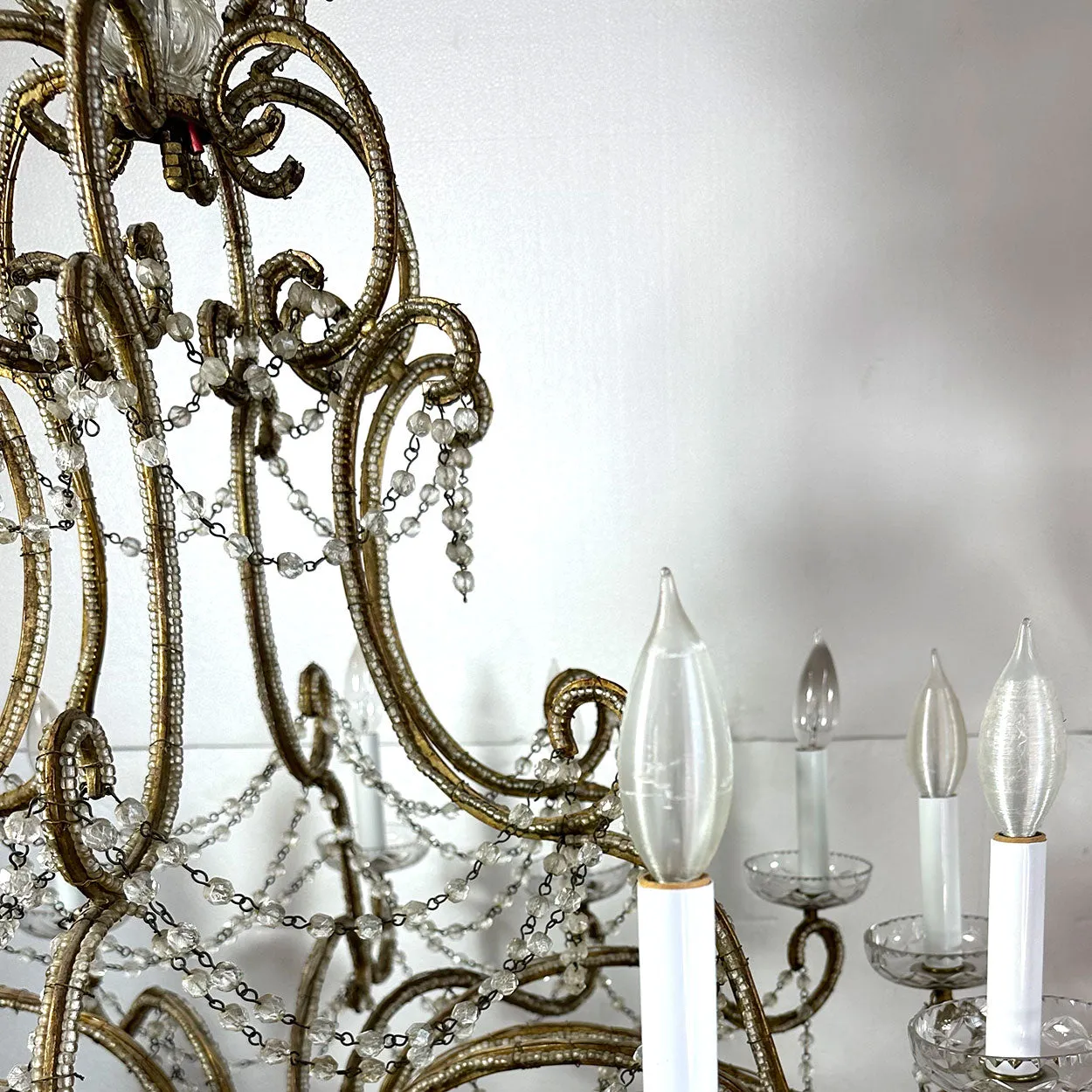 Large European Gilt Wrought Iron Beaded Crystal Birdcage 12-Light Chandelier