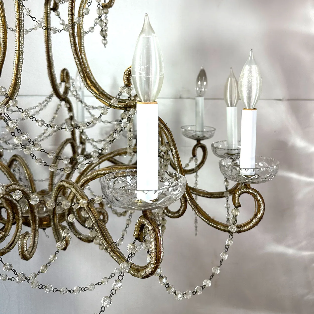 Large European Gilt Wrought Iron Beaded Crystal Birdcage 12-Light Chandelier