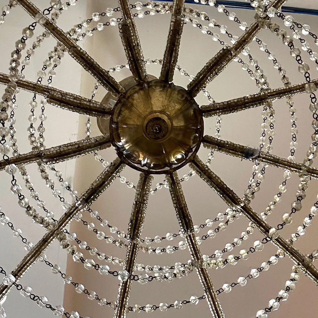 Large European Gilt Wrought Iron Beaded Crystal Birdcage 12-Light Chandelier