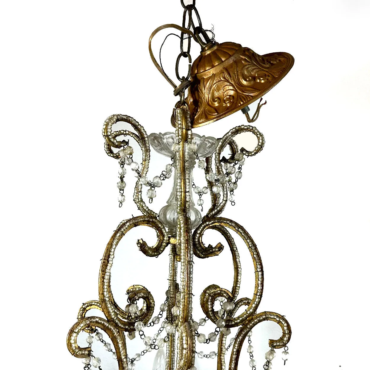 Large European Gilt Wrought Iron Beaded Crystal Birdcage 12-Light Chandelier